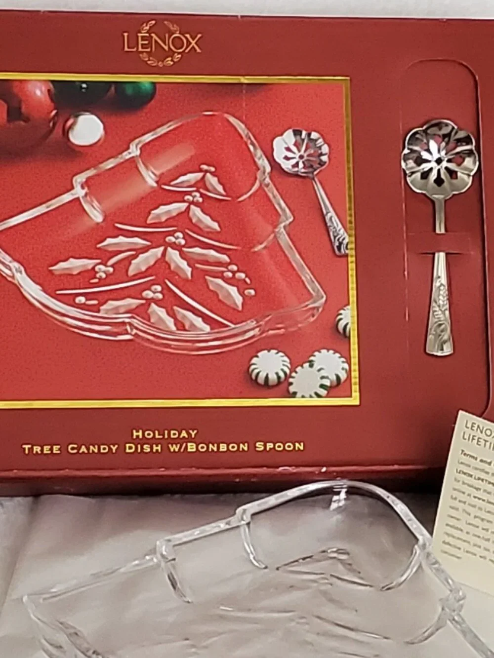 Lenox Crystal Holiday Tree Dish and Bonbon Spoon Set  Vintage in Box!